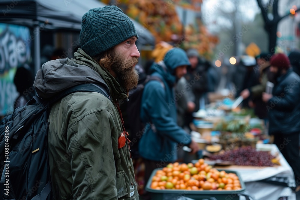Homeless individuals wait for food donations on a chilly autumn day in the city Homeless individuals wait for food donations on a chilly autumn day in the city