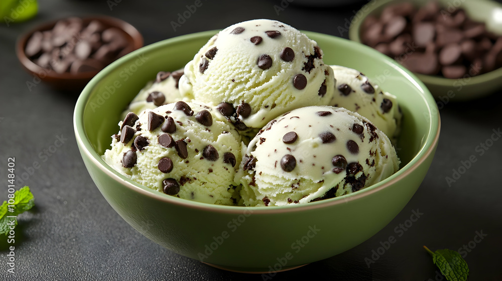 Close Up of Mint Chocolate Chip Ice Cream in Bowl - Food Photography Close Up of Mint Chocolate Chip Ice Cream in Bowl - Food Photography