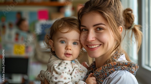 Mother smiles while holding her child at a pediatrician's office during a routine check-up