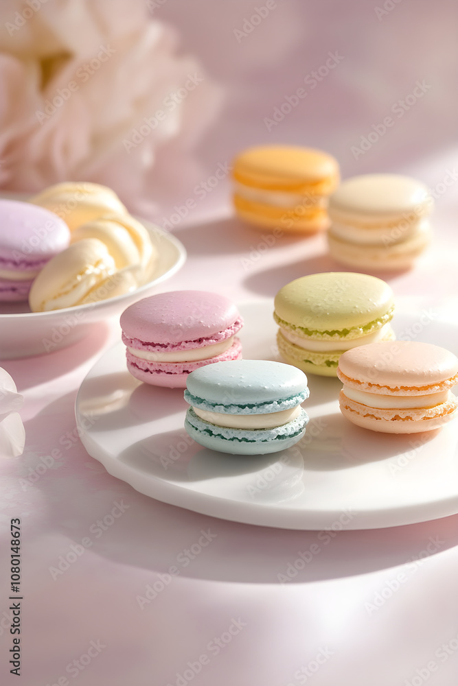 Rainbow Macarons on Pastel Canvas: A Colorful Confectionery Display Rainbow Macarons on Pastel Canvas: A Colorful Confectionery Display