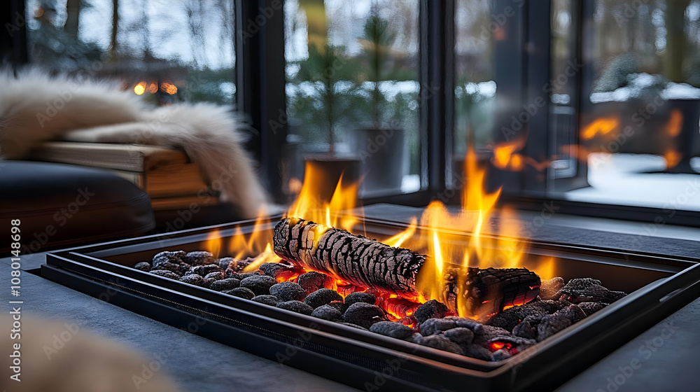 Fireplace with Flames Burning in a Modern Living Room - Realistic Image