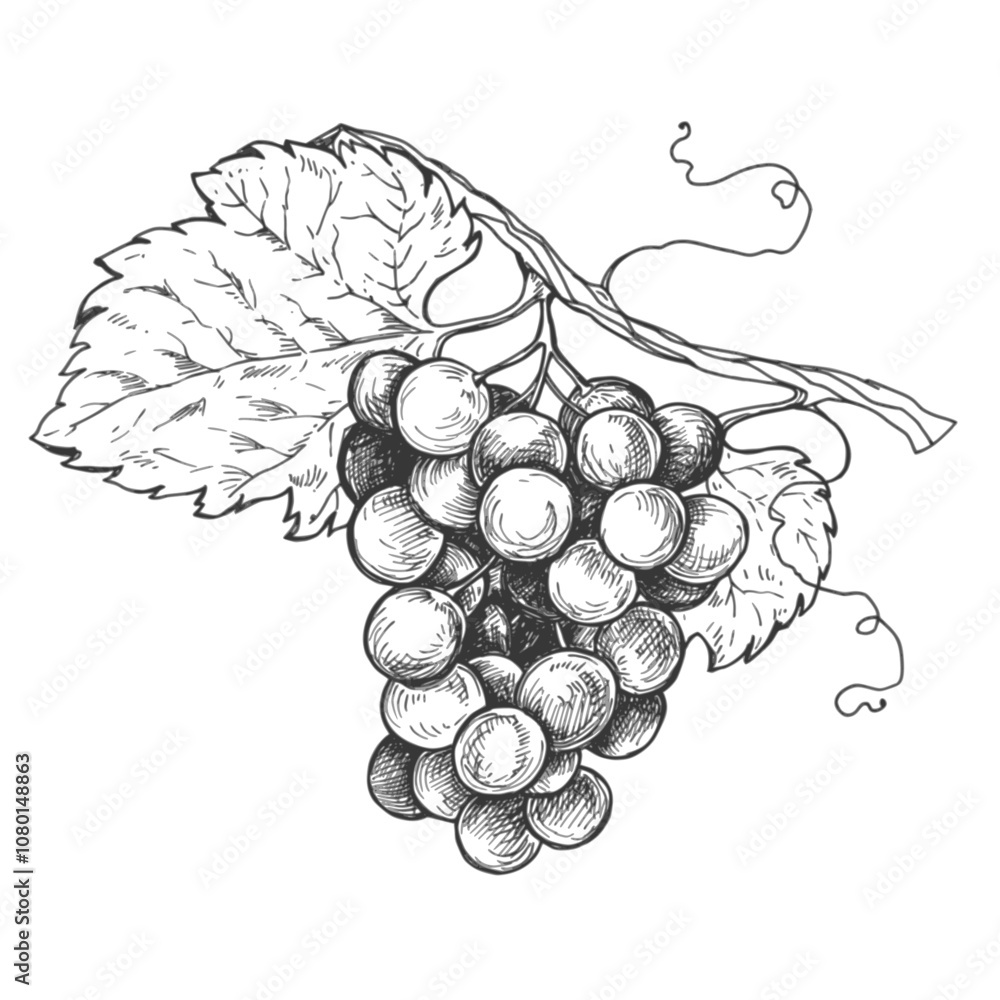 Sketch grape on branch ink graphic illustration, draft silhouette drawing, black on white line art. Botanical vintage etching food design.