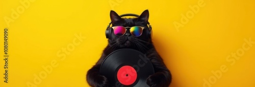Black cat with sunglasses and headphones holding a vinyl record on a yellow background with copy space. Music, DJ, and Black Friday sale concept. Design for poster, banner, greeting card, invitation