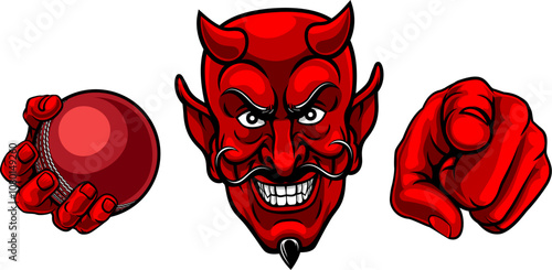 A devil man holding cricket ball and pointing sports team mascot illustration.