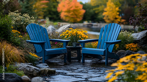 Blue Adirondack Chairs in a...