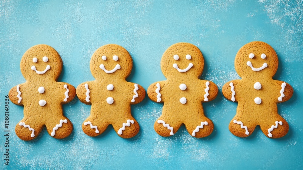 Obraz premium Four Smiling Gingerbread Men Cookies on Blue Background