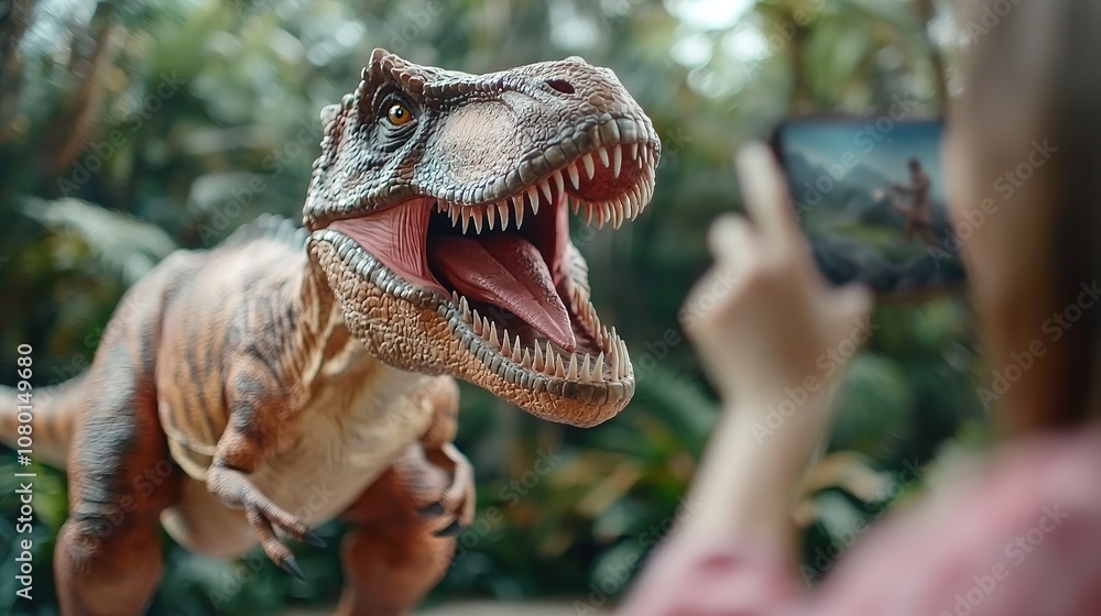 Obraz premium AR app mockup for education, showing virtual dinosaurs in a natural history museum