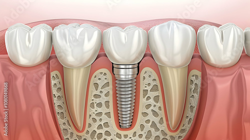 A detailed cross-sectional illustration of a dental implant showing its integration with the jawbone and neighboring teeth