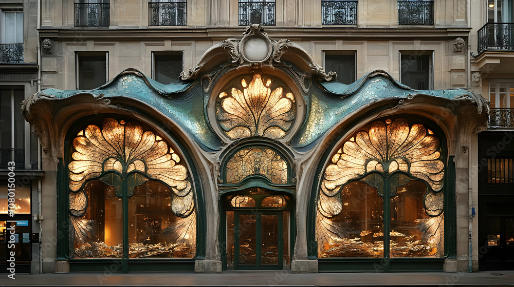 Obraz premium Art Nouveau Storefront with Ornate Glass Windows - Architectural Illustration