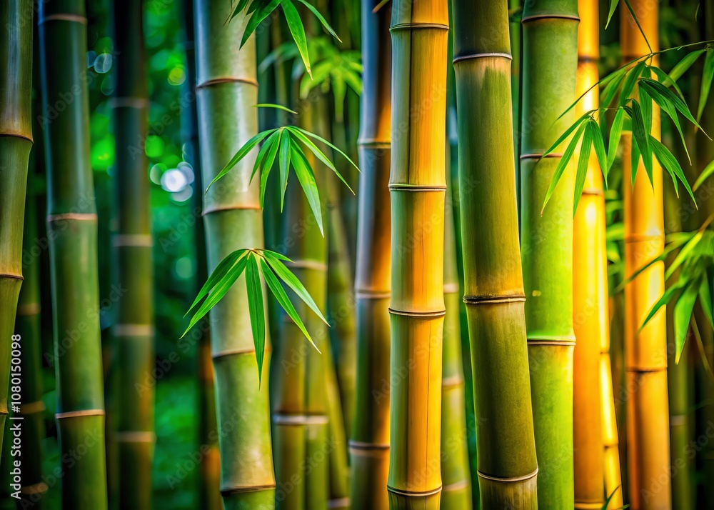 Fototapeta premium Close-Up of Lush Bamboo Stalks Surrounded by Vibrant Green Foliage in a Tranquil Natural Setting, Perfect for Nature Lovers and Eco-Friendly Themes