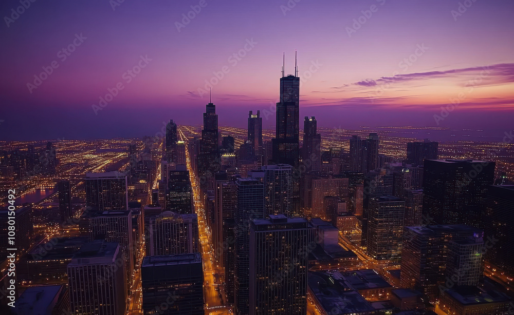 Obraz premium stunning aerial view of city skyline at dusk, showcasing illuminated buildings and vibrant sunset. scene captures beauty of urban life