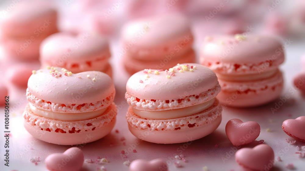 Pink Macarons with Sprinkles and Heart Shaped Candies - Food Photography Pink Macarons with Sprinkles and Heart Shaped Candies - Food Photography