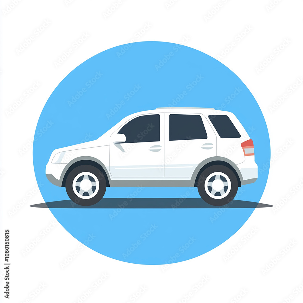 A white SUV car with a blue circle background. A white SUV car with a blue circle background.