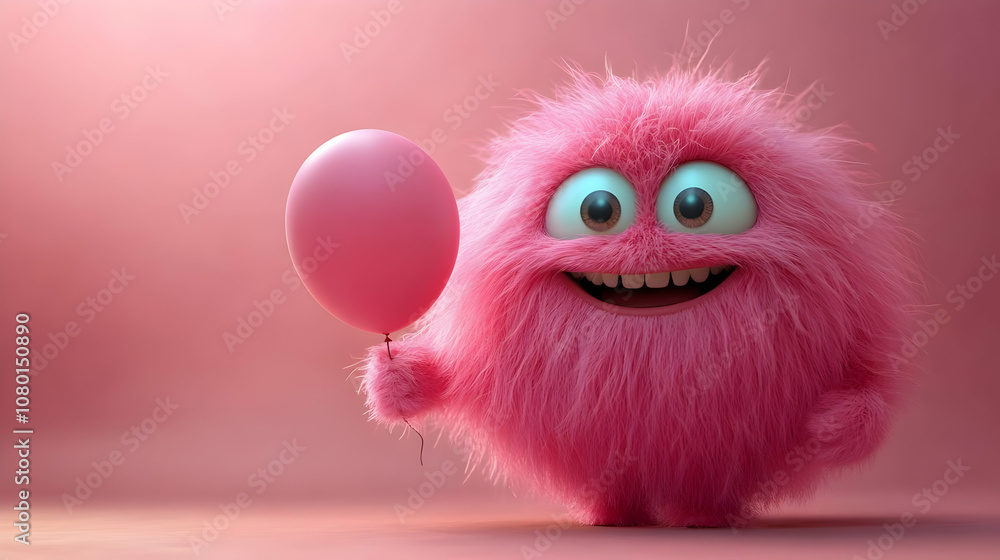 Fototapeta premium Cute Pink Furry 3D Character Holding Balloon Illustration