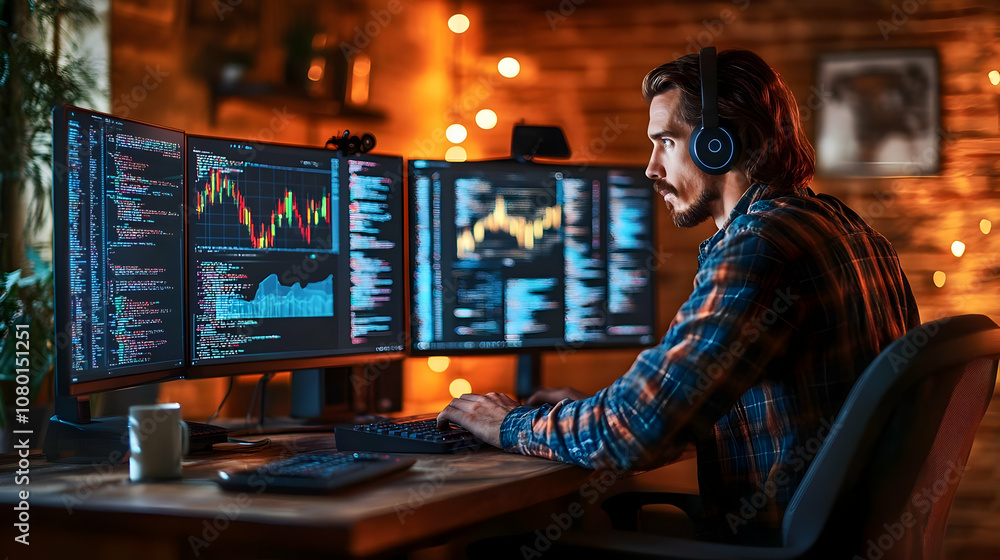 Obraz premium Man Working on a Computer with Stock Charts and Code - Realistic Image