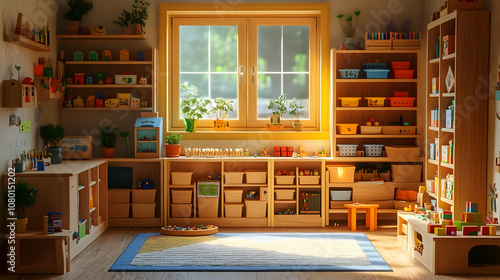 Playroom with Wooden Shelve...