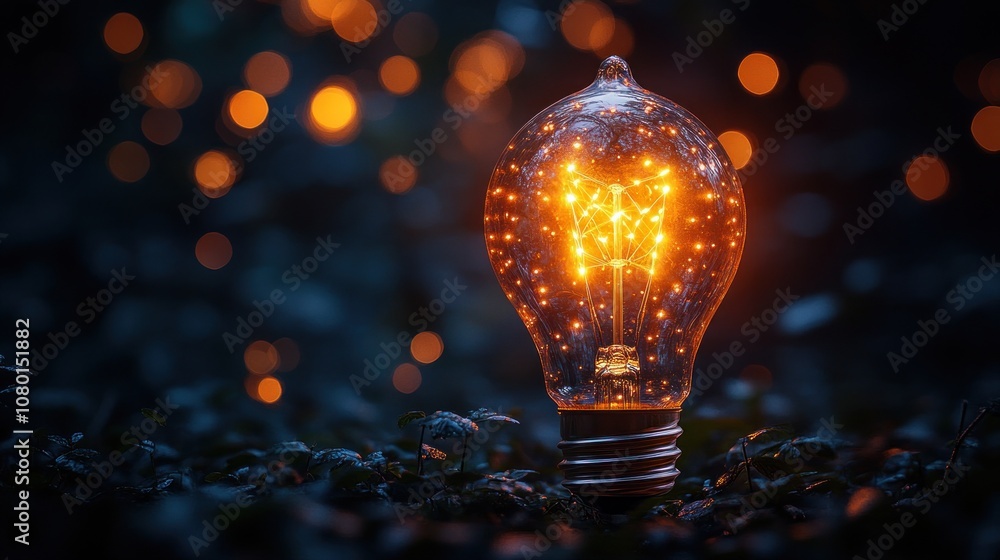 A glowing light bulb surrounded by soft, ambient lights. A glowing light bulb surrounded by soft, ambient lights.
