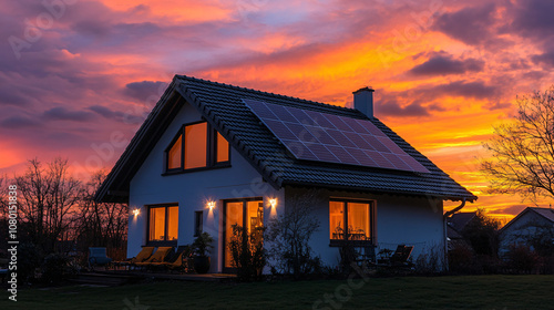 A modern home illuminated by warm lights under a vibrant sunset sky, featuring solar panels and surrounded by trees.