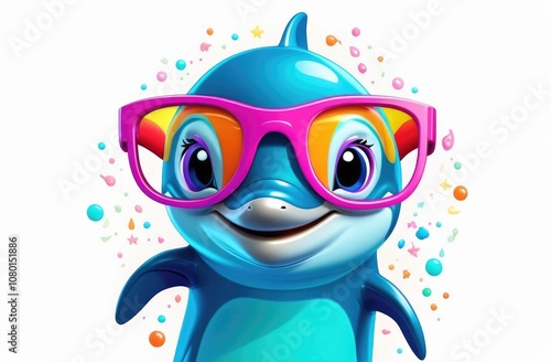 Little dolphin in glasses smiles, 3d cartoon illustration.