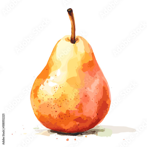 Watercolor Illustration of Ripe Pear on White Background