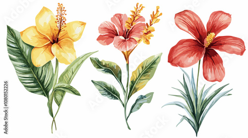 Bright tropical flowers isolated on white background. Botanical painting, watercolor illustrations yellow flower branch