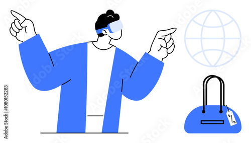 Man in VR headset points at virtual globe while handbag with discount tag. Ideal for technology, shopping, e-commerce, virtual reality, innovation, retail, and futuristic concepts. Line metaphor