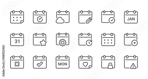 Minimal Set of Date and Calendar Line Icons. Editable Stroke. Pixel Perfect.