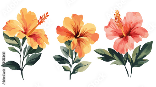 Bright tropical flowers isolated on white background. Botanical painting, watercolor illustrations yellow flower branch
