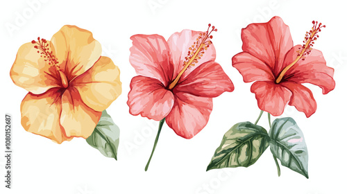 Bright tropical flowers isolated on white background. Botanical painting, watercolor illustrations yellow flower branch