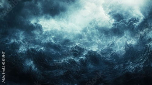 A turbulent ocean scene with dark clouds and crashing waves, evoking a sense of chaos.