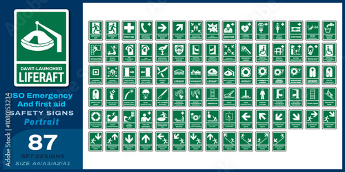 87 set iso emergency and first aid safety signs v39_davit-launched liferaft_portrait size a4/a3/a2/a1