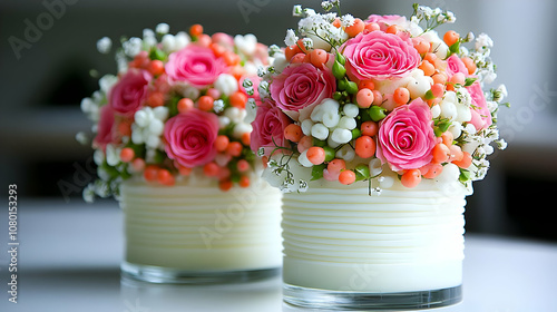 Pink Roses and White Flower...