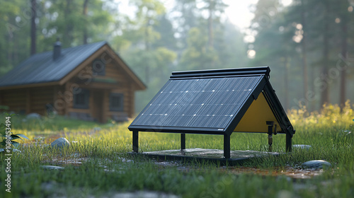 A miniature solar-powered house surrounded by lush greenery and a distant log cabin, emphasizing renewable energy in a natural setting.