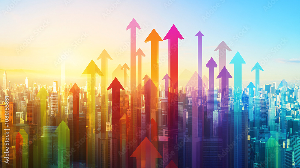 A vibrant cityscape with colorful upward arrows symbolizing growth, progress, and optimism against a bright, sunny sky. A vibrant cityscape with colorful upward arrows symbolizing growth, progress, and optimism against a bright, sunny sky.