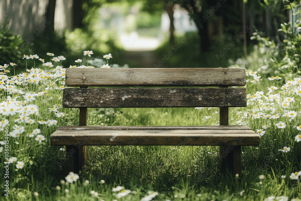 A wooden bench sits nestled in a lush green meadow, surrounded by white daisies. The path leads to a clearing in the trees, inviting visitors to rest and enjoy the tranquil scenery A wooden bench sits nestled in a lush green meadow, surrounded by white daisies. The path leads to a clearing in the trees, inviting visitors to rest and enjoy the tranquil scenery