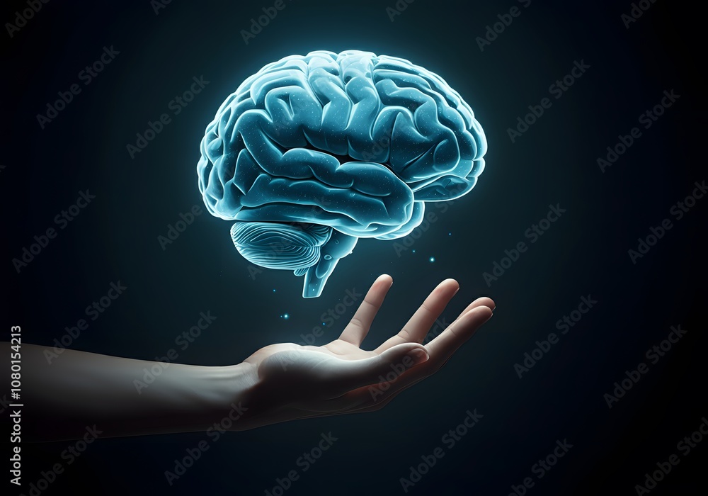 A glowing 3D brain hovering above an outstretched hand A glowing 3D brain hovering above an outstretched hand