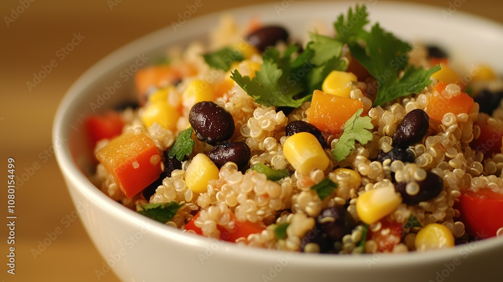 Quinoa salad with black beans, corn, and bell peppers, topped with cilantro for a fresh, healthy meal Quinoa salad with black beans, corn, and bell peppers, topped with cilantro for a fresh, healthy meal