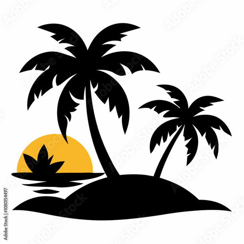 Tropical beach silhouette vector illustration on white background