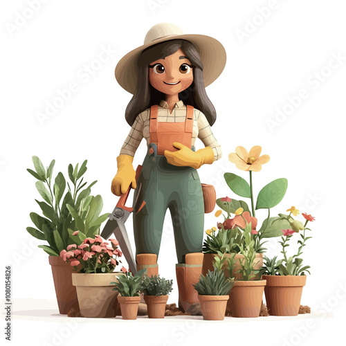 3d rendered illustration of a gardener woman with flowers in pots.eps