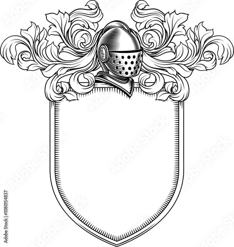 Coat of arms crest knight family medieval shield heraldry heraldic armorial motif. Featuring a knights helm helmet in a vintage etching engraving woodcut style