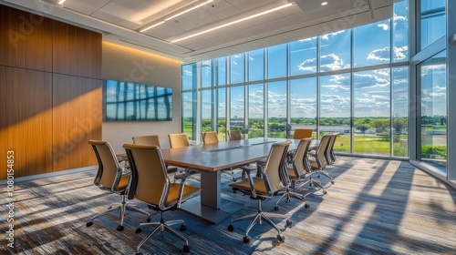 Modern Conference Room with Large Windows and City View