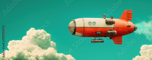 Red and White Dirigible Airship Flying Over Clouds