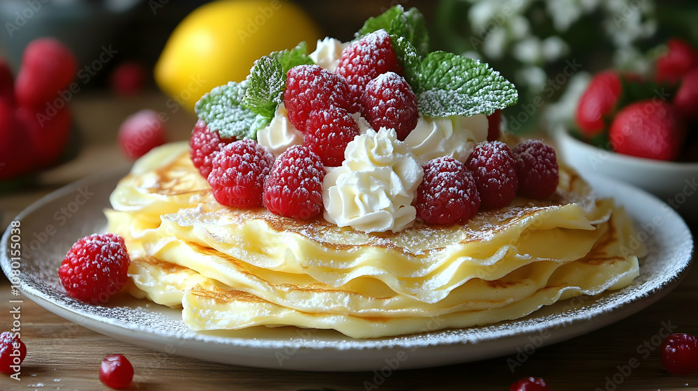 Delicious Stack of Pancakes with Whipped Cream and Raspberries - Food Photography Delicious Stack of Pancakes with Whipped Cream and Raspberries - Food Photography