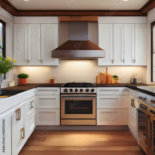 front facing realistic built in kitchen. photo of a kitchen with a hood, hob and oven where you an see the full appliances. white kithen