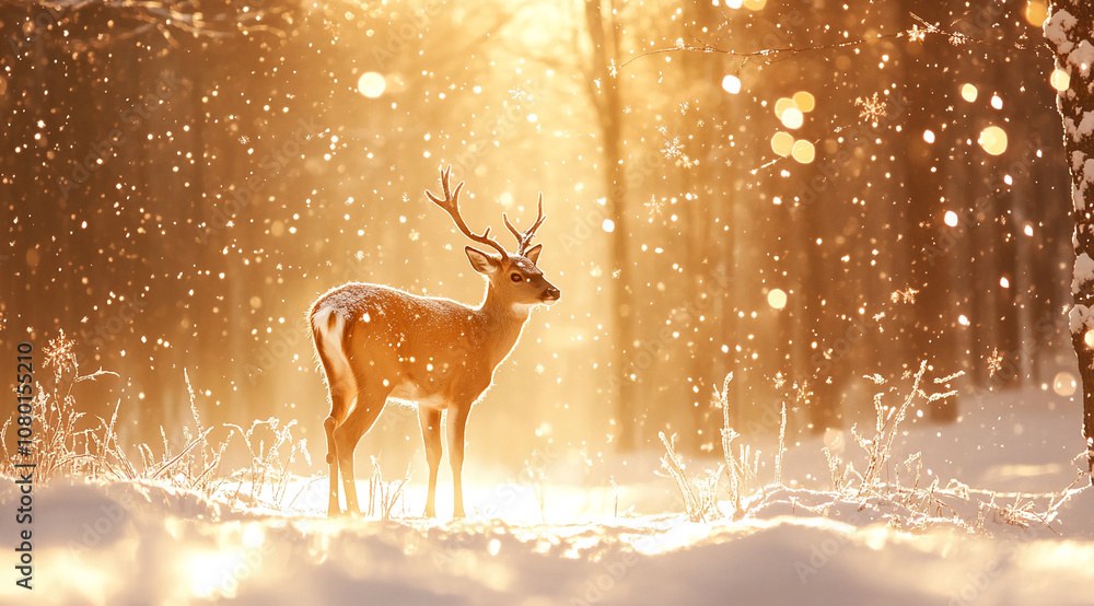 A lone deer stands in a snowy forest, bathed in the warm glow of the setting sun. The snow falls gently around it, creating a peaceful winter scene A lone deer stands in a snowy forest, bathed in the warm glow of the setting sun. The snow falls gently around it, creating a peaceful winter scene