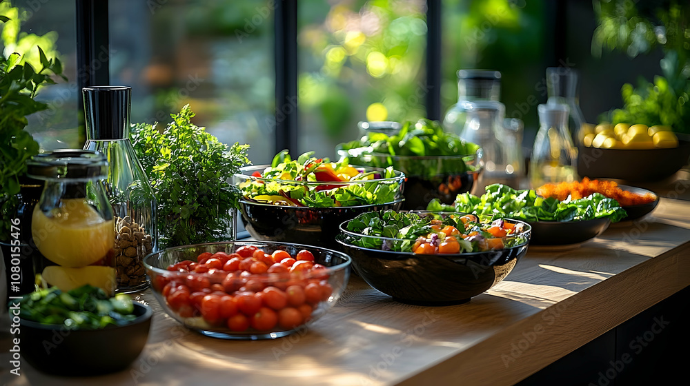 Fresh Salad Bar with Cherry Tomatoes in Glass Bowls - Realistic Image Fresh Salad Bar with Cherry Tomatoes in Glass Bowls - Realistic Image