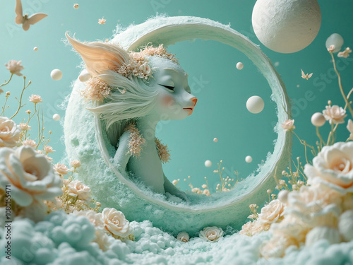 Fantasy artwork in turquoise and cream pastel tones of a surreal whimsical creature
