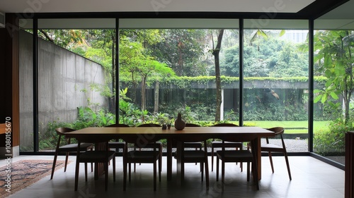 A modern dining space with a large wooden table, surrounded by chairs, featuring expansive glass windows that showcase a lush outdoor garden.