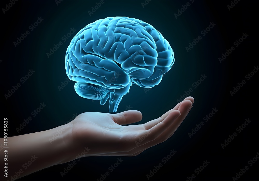 A glowing 3D brain hovering above an outstretched hand