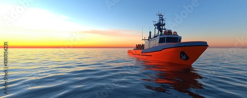 A rescue boat navigates calm waters at sunset, highlighting maritime safety and operations. photo